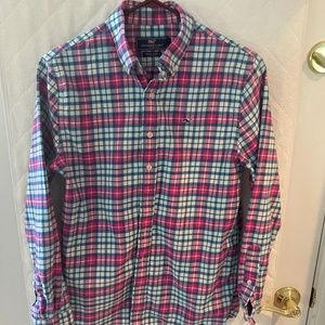 Vinyard Vines 100% cotton whale shirt, pink and blue gingham size boys L (16)